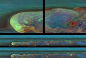 False-color Cassini images from February 2011 include two mosaics of a wide swath of storm (lower panels) and detailed views of the storm's head (top left) and vortex (top right). Credit: NASA/JPL-Caltech/Space Science Institute