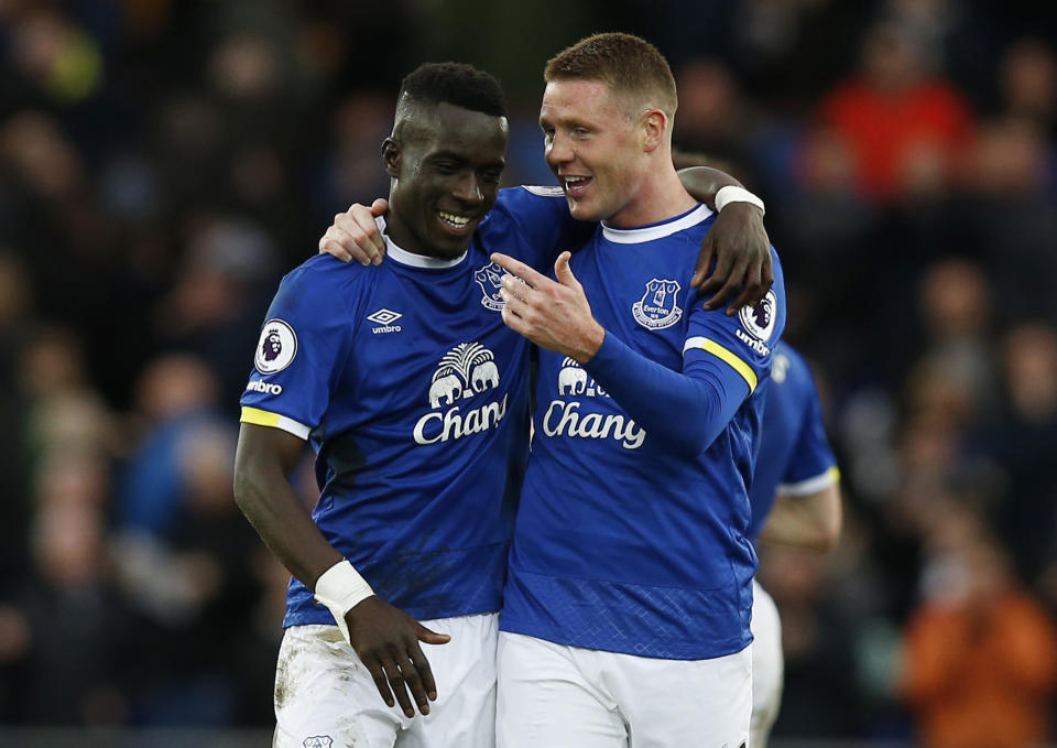 Everton’s Idrissa Gueye and James McCarthy celebrate after the game