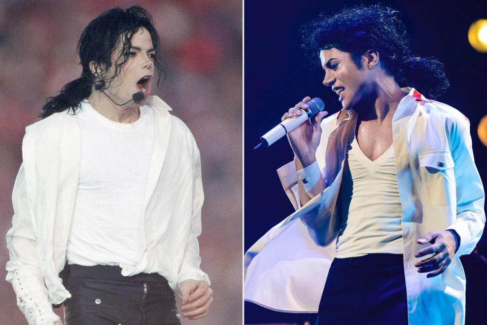 <p>Paul Spinelli via AP, Kevin Mazur/Lionsgate</p> Michael Jackson in 1993 and his nephew Jaafar Jackson performing in 