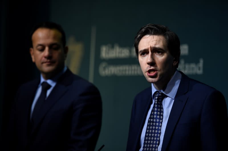 Health Minister Harris speaks on stage after Taoiseach (Prime Minister) of Ireland Varadkar announced that the Irish Government will hold a referendum on liberalising abortion laws at the end of May, in Dublin