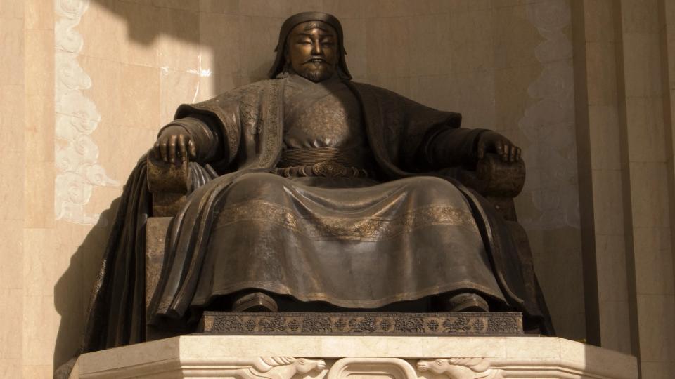 Monumental public statue of Genghis Khan which dominates Ulan Bator's central square, to the leader and warrior who is still hugely respected in Mongolia.