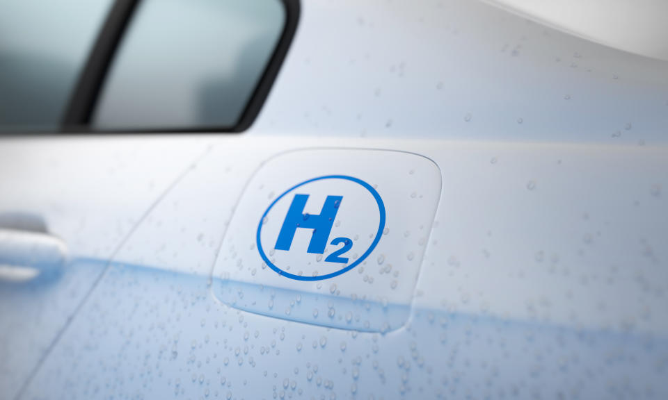 Close up of a white colored hydrogen powered car