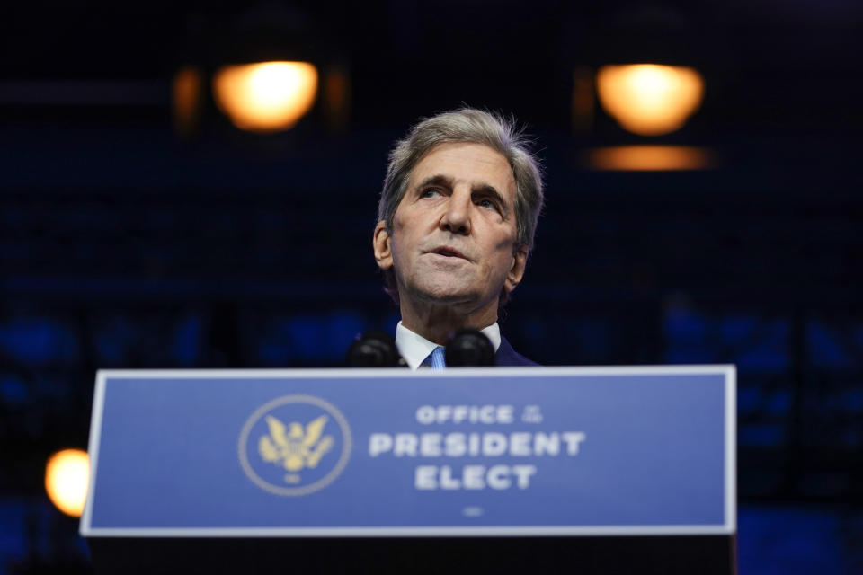 President-elect Joe Biden's climate envoy nominee former Secretary of State John Kerry speaks at The Queen theater, Tuesday, Nov. 24, 2020, in Wilmington, Del. (AP Photo/Carolyn Kaster)