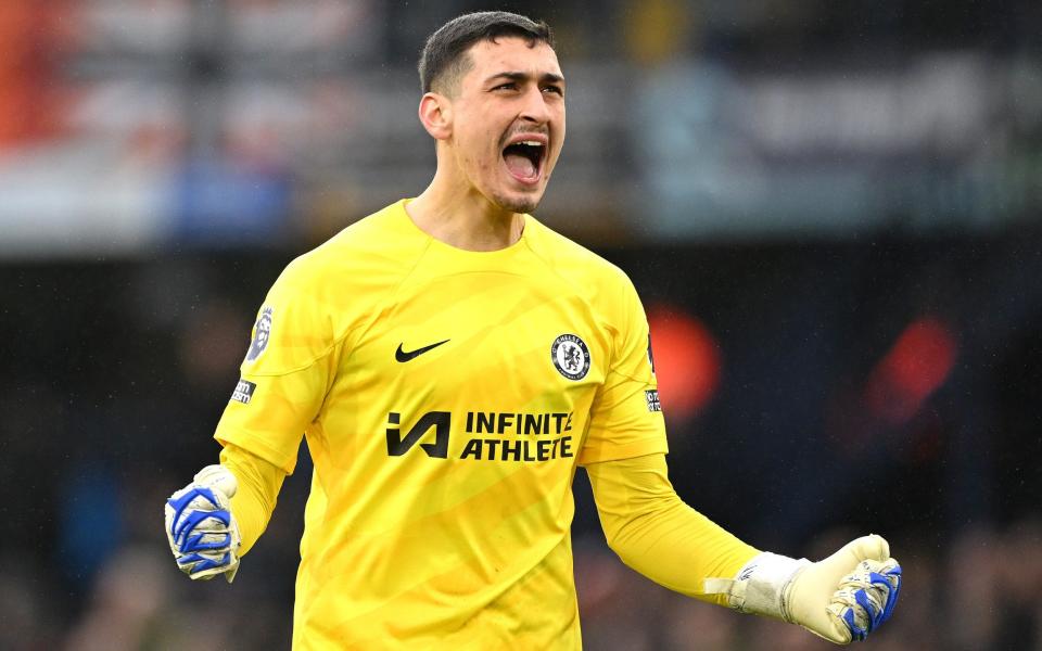 Djordje Petrovic celebrating a Chelsea goal in a win at Luton