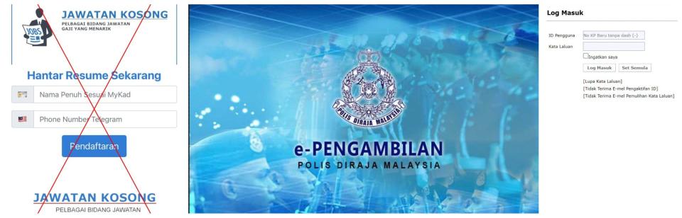 <span>Screenshot comparison of the imposter website (left) and the official recruitment website of the Malaysian police (right)</span>