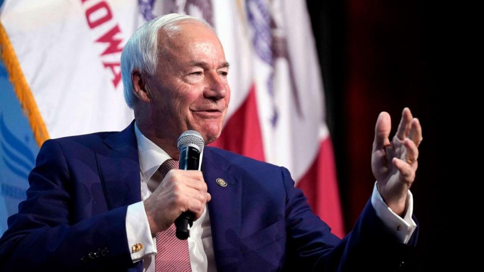 PHOTO: Republican presidential candidate and former Arkansas Gov. Asa Hutchinson speaks at the Iowa Faith & Freedom Coalition's fall banquet, Sept. 16, 2023, in Des Moines, Iowa. (Bryon Houlgrave/AP)