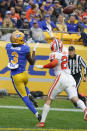 Pittsburgh wide receiver Jordan Addison (3) makes a catch ahead of Clemson safety Nolan Turner (24) for a touchdown during the first half of an NCAA college football game, Saturday, Oct. 23, 2021, in Pittsburgh. (AP Photo/Keith Srakocic)