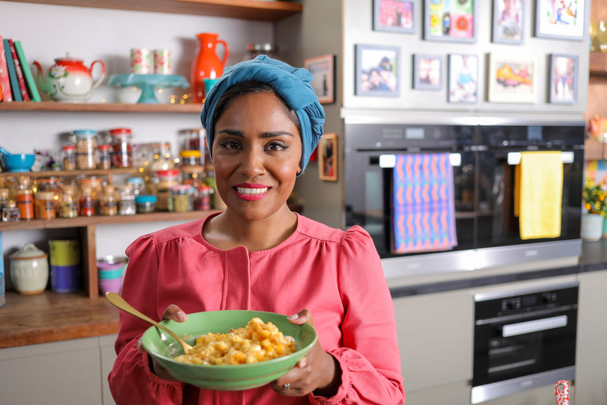 WARNING: Embargoed for publication until 00:00:01 on 02/11/2021 - Programme Name: Nadiya's Fast Flavours - TX: n/a - Episode: Nadiya's Fast Flavours - Ep1 Comfort Food (No. 1 - Comfort Food) - Picture Shows: with Mac and Cheese.

**STRICTLY EMBARGOED NOT FOR PUBLICATION UNTIL 00:01 HRS ON TUESDAY 2ND NOVEMBER 2021** Nadiya Hussain - (C) Wall to Wall Media Ltd - Photographer: Cliff Evans