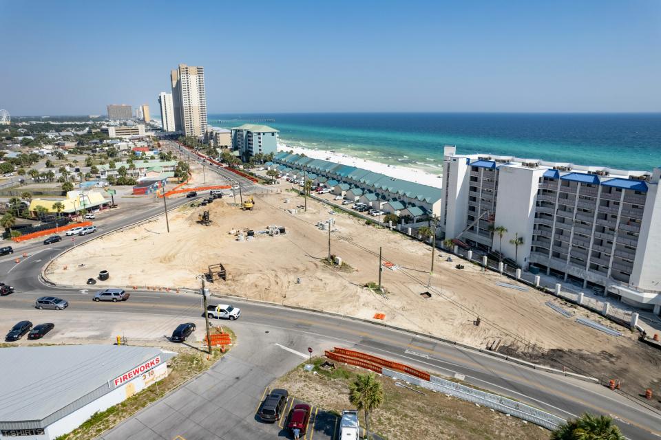 Work continues Thursday on the redevelopment project for Front Beach Road in Panama City Beach. The project is expected to be completed by December 2023. The new roundabout at State 79 and Front Beach Road is pictured.