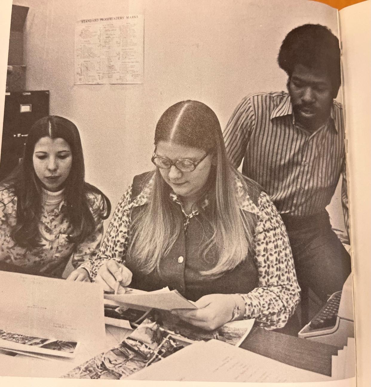 One of the growing campus organizations at the University of Tennessee with diversity in leadership by 1974 was the Volunteer yearbook staff, shown in that year’s yearbook. From left are Volunteer editor Jeanne Barnes, managing editor Pam Hall, and features editor Reginald Roberts.