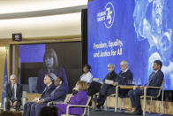 First row from left to right: U.N. High Commissioner for Human Rights Volker Turk (Tuerk), Poland's President Andrzej Duda, Senegal President Macky Sall, Greece's President Katerina Sakellaropoulou; second row from left to right: Colombian Vice President Francia Marquez, Slovenia's President Natasa Pirc Musar, Estonia's President Alar Karis, and Maldives' Vice President Hussain Mohamed Latheef, attend the high-level event commemorating the 75th Anniversary of the Universal Declaration of Human Rights, at the European headquarters of the United Nations in Geneva, Switzerland, Tuesday, Dec. 12, 2023. (Salvatore Di Nolfi/Keystone via AP)