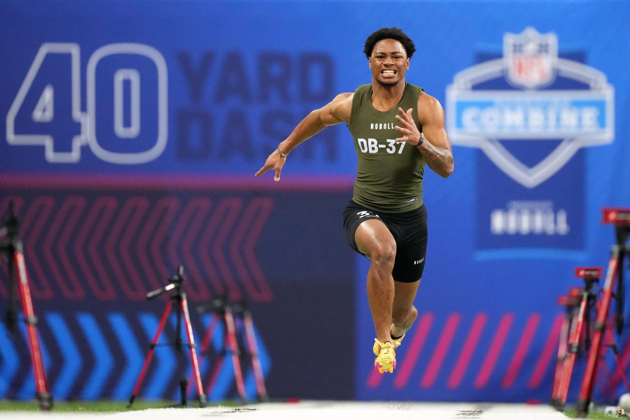 Mar 1, 2024; Indianapolis, IN, USA; Maryland defensive back Tarheeb Still (DB37) works out during the 2024 NFL Combine at Lucas Oil Stadium. Mandatory Credit: Kirby Lee-USA TODAY Sports