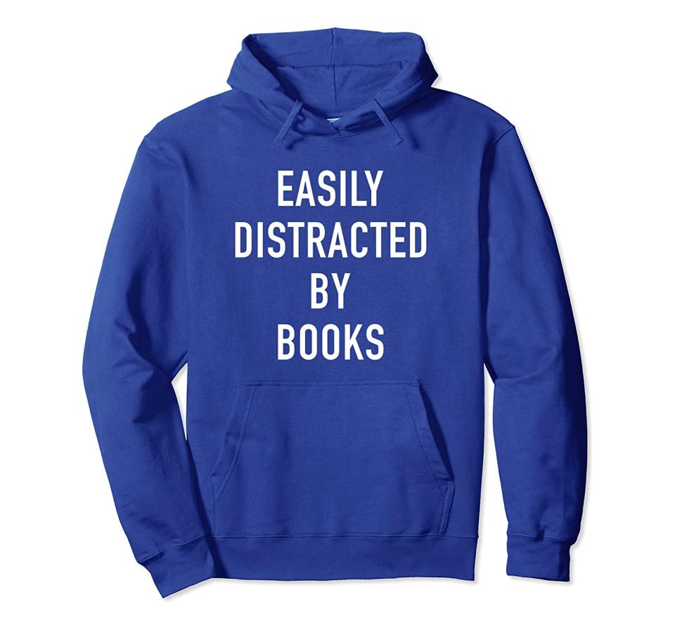 roayl blue hoodie with easily distracted by book, best gifts for book lovers