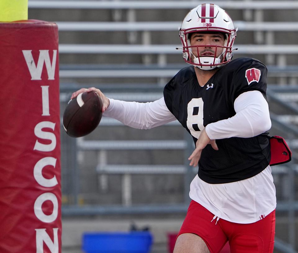 Wisconsin quarterback Tanner Mordecai (8) is shown during practice Tuesday, April 11, 2023 at Camp Randall Stadium in Madison, Wis.Mark Hoffman/Milwaukee Journal Sentinel