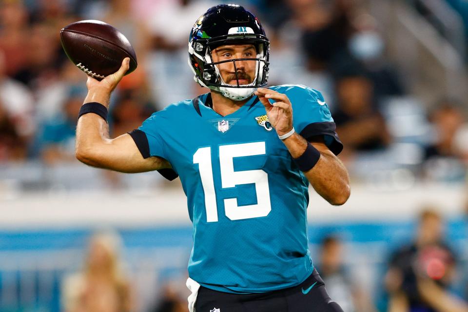 Gardner Minshew throws a pass against the Browns during an exhibition game at TIAA Bank Field. Minshew was traded by the Jaguars to the Eagles on Aug. 28.