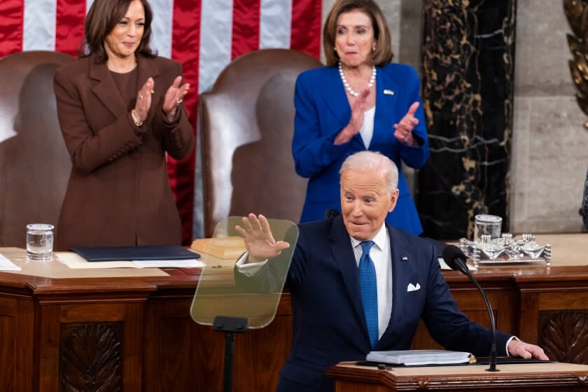 U.S. President Joe Biden during a State of the Union address at the U.S. Capitol in Washington, D.C., U.S., on Tuesday, March 1, 2022. Biden's first State of the Union address comes against the backdrop of Russia's invasion of Ukraine and the subsequent sanctions placed on Russia by the U.S. and its allies. Photographer: Jim LoScalzo/EPA/Bloomberg via Getty Images