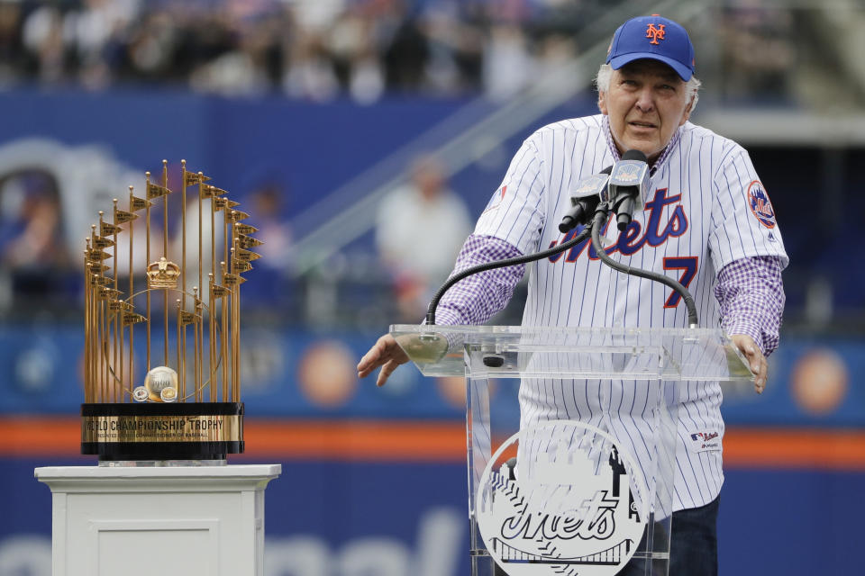 FILE - In this June 29, 2019, file photo, Ed Kranepool speaks during a ceremony to honor the 1969 New York Mets before a baseball game against the Atlanta Braves in New York. Fifty years after their improbable World Series championship, the New York Mets have climbed from near the bottom of the National League standings all the way into the playoff race. New York begins a pivotal series Tuesday night , Aug. 27, 2019, against the Chicago Cubs.(AP Photo/Frank Franklin II, File)