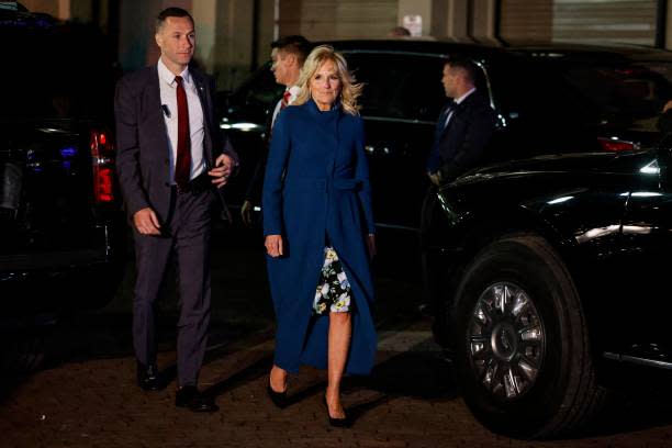 US first lady Jill Biden leaves Fiola Mare restaurant after a private dinner her husband US president Joe Biden and French president Emmanuel Macron and his wife Brigitte Macron in Washington, DC (AFP via Getty Images)