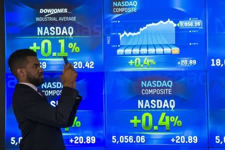 A man takes a photograph of an electronic board showing the closing numbers for the Nasdaq Composite Index at the Nasdaq in New York April 23, 2015. REUTERS/Lucas Jackson