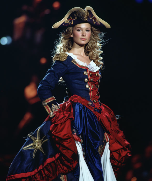 Person in a theatrical revolutionary war costume with hat on stage