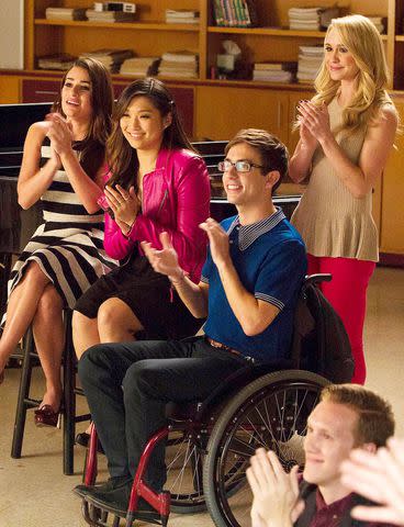 <p>FOX Image Collection via Getty</p> (L-R) Lea Michele as Rachel Berry, Jenna Ushkowitz as Tina Cohen-Chang, Kevin McHale as Artie Abrams and Becca Tobin as Kitty Wilde on 'Glee'