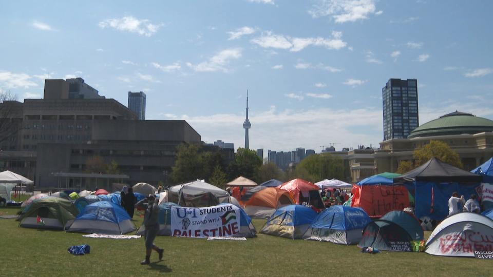 The pro-Palestinian student encampment is seen at U of T. Since the encampment was set up Thursday, thousands of alumni have signed a letter in support.