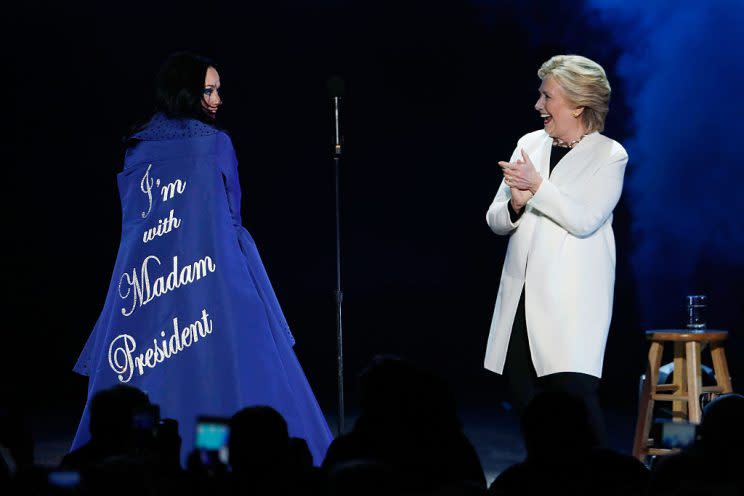 Katy Perry shows her cape at a Clinton rally on November 5, 2016 in Philadelphia, Pennsylvania. (Photo: Getty Images)