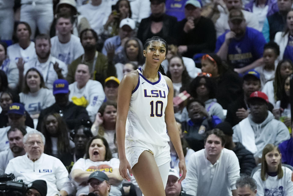 Angel Reese, seen here in a home game against South Carolina last week, posted a double-double on Monday. It wasn't enough to fend off Mississippi State. (AP Photo/Gerald Herbert)