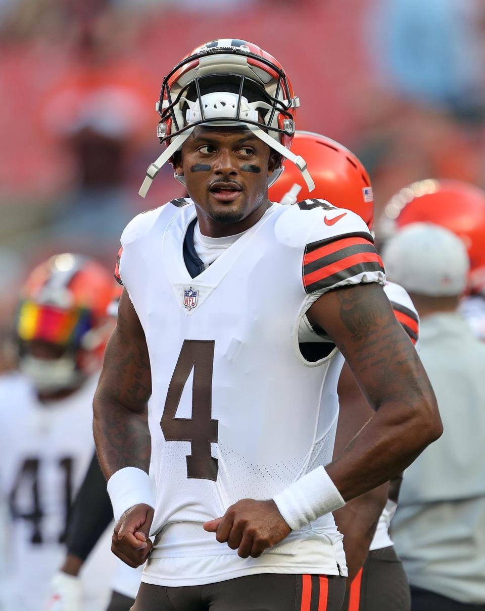 Cleveland Browns quarterback Deshaun Watson (4) pictured before an NFL preseason football game, Saturday, Aug. 27, 2022, in Cleveland, Ohio.