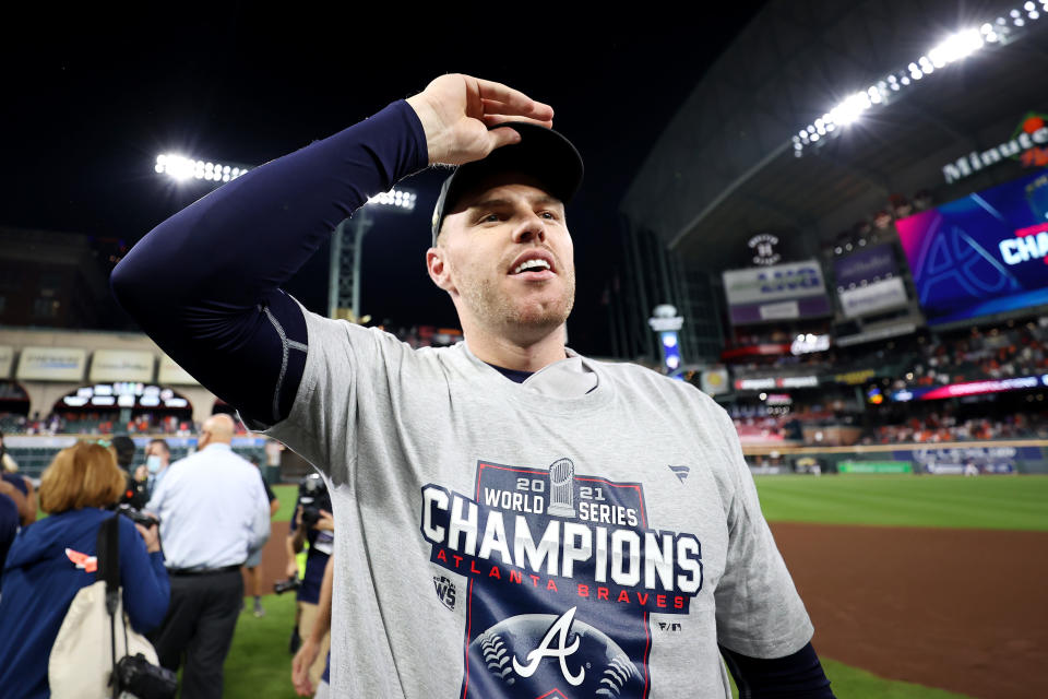 HOUSTON, TEXAS - NOVEMBER 02:  Freddie Freeman #5 of the Atlanta Braves celebrates after the team's 7-0 victory against the Houston Astros in Game Six to win the 2021 World Series at Minute Maid Park on November 02, 2021 in Houston, Texas. (Photo by Carmen Mandato/Getty Images)