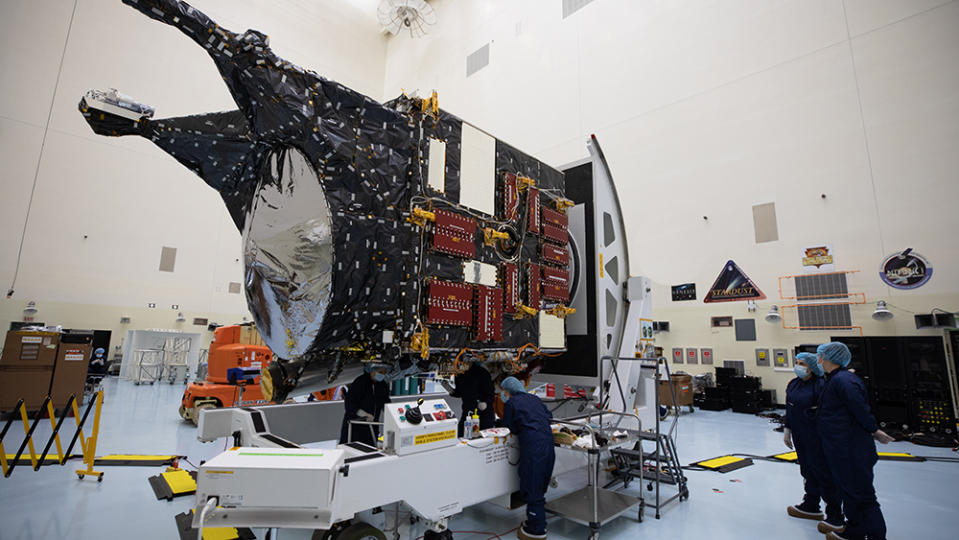 Technicians at NASA’s Kennedy Space Center in Florida perform work on the agency’s Psyche spacecraft inside the Payload Hazardous Servicing Facility (PHSF) on May 3, 2022. While inside the PHSF, the spacecraft will undergo routine processing and servicing ahead of launch. Psyche is targeting to lift off aboard a SpaceX Falcon Heavy rocket on Aug. 1, 2022. The spacecraft will use solar-electric propulsion to travel approximately 1.5 billion miles to rendezvous with its namesake asteroid in 2026. The Psyche mission is led by Arizona State University. NASA’s Jet Propulsion Laboratory, which is managed for the agency by Caltech in Pasadena, California, is responsible for the mission’s overall management, system engineering, integration and testing, and mission operations. Maxar Technologies in Palo Alto, California, provided the high-power solar electric propulsion spacecraft chassis. NASA’s Launch Services Program (LSP), based at Kennedy, is managing the launch. Psyche will be the 14th mission in the agency's Discovery program and LSP’s 100th primary mission.