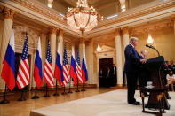 <p>U.S. President Donald Trump and Russia’s President Vladimir Putin hold a joint news conference after their meeting in Helsinki, Finland, July 16, 2018. (Photo: Kevin Lamarque/Reuters) </p>