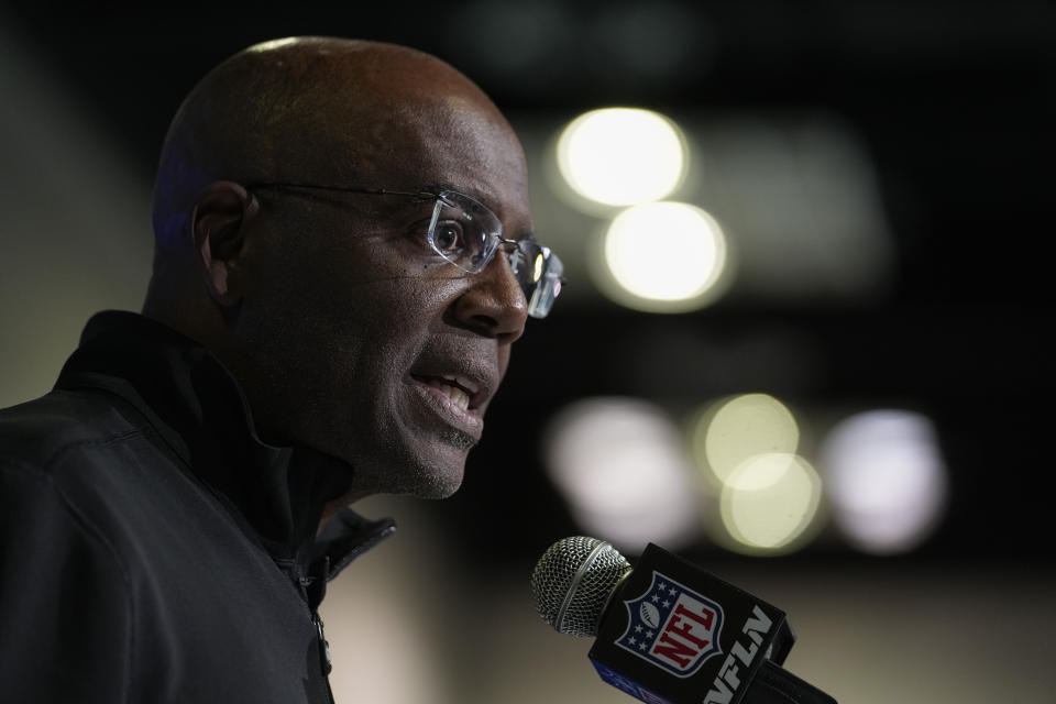 Washington Commanders generall manager Martin Mayhew speaks during a press conference at the NFL football scouting combine in Indianapolis, Wednesday, March 1, 2023. (AP Photo/Michael Conroy)