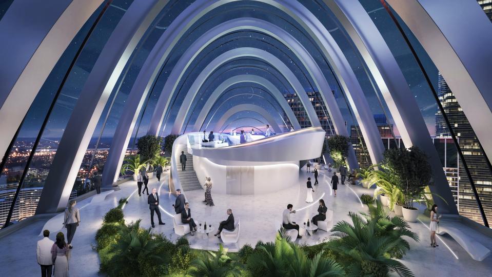 The sky lobby allows incredible views of the city, and the surrounding Shenzhen Bay.