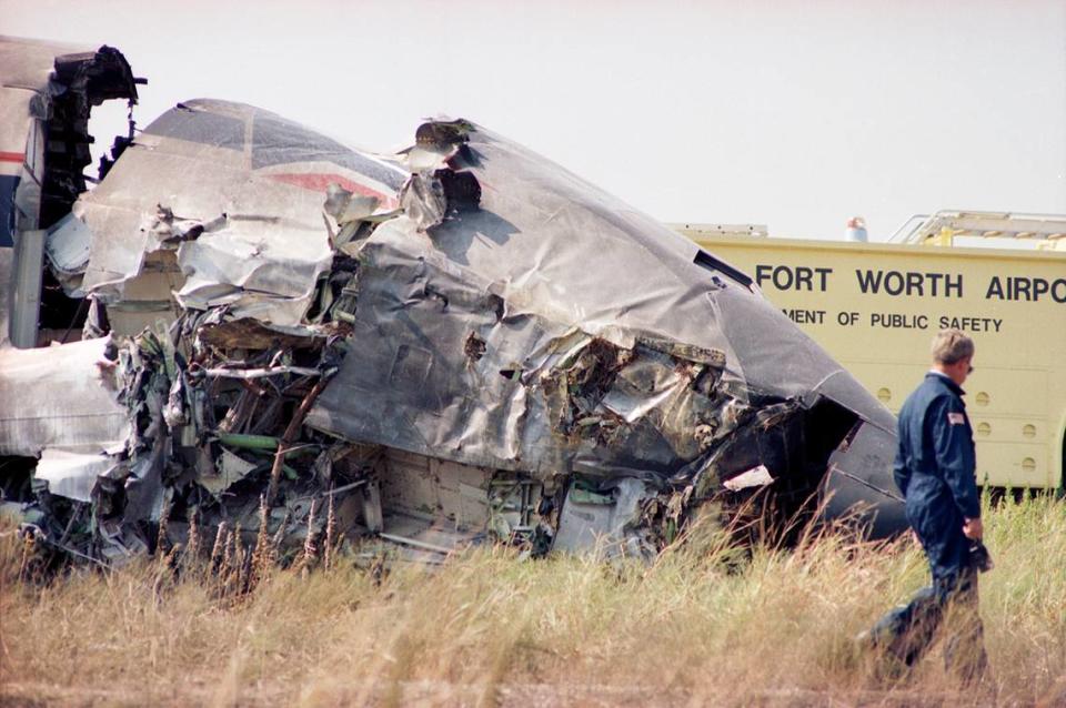 Aug. 31, 1988: This photo shows damage to the underside of the front of the fuselage of Delta Flight 1141 on the day the Boeing 727 crashed during takeoff at Dallas-Fort Worth International Airport.