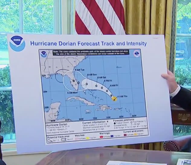 President Donald Trump discusses the path of Hurricane Dorian on Wednesday. (Photo: MSNBC)