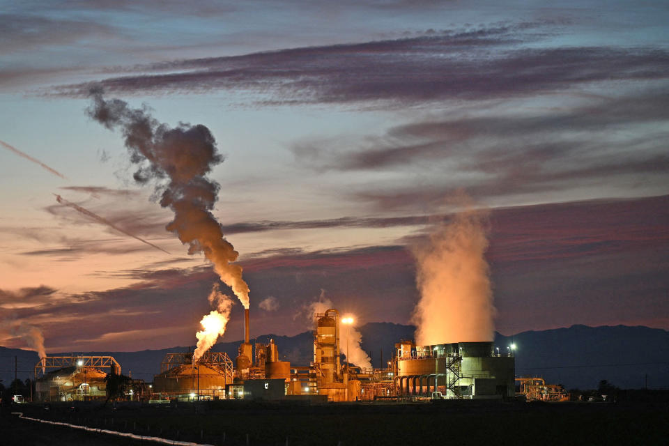 A geothermal power station along the coast of the Salton Sea near Calipatria, Calif., on Dec. 15, 2021. (Roby Beck / AFP - Getty Images)