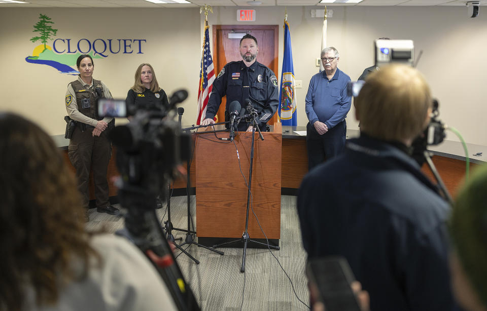 Cloquet Police Chief Derek Randall spoke during a press conference regarding the incident where two people were shot and killed Monday night at a Super 8 hotel in Cloquet, Minn., on Tuesday, Jan. 9, 2024. (Elizabeth Flores/Star Tribune via AP)