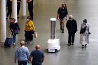 An ultraviolet (UV) robot designed to significantly reduce the risk of hospital acquired infections cleans St Pancras International station in London