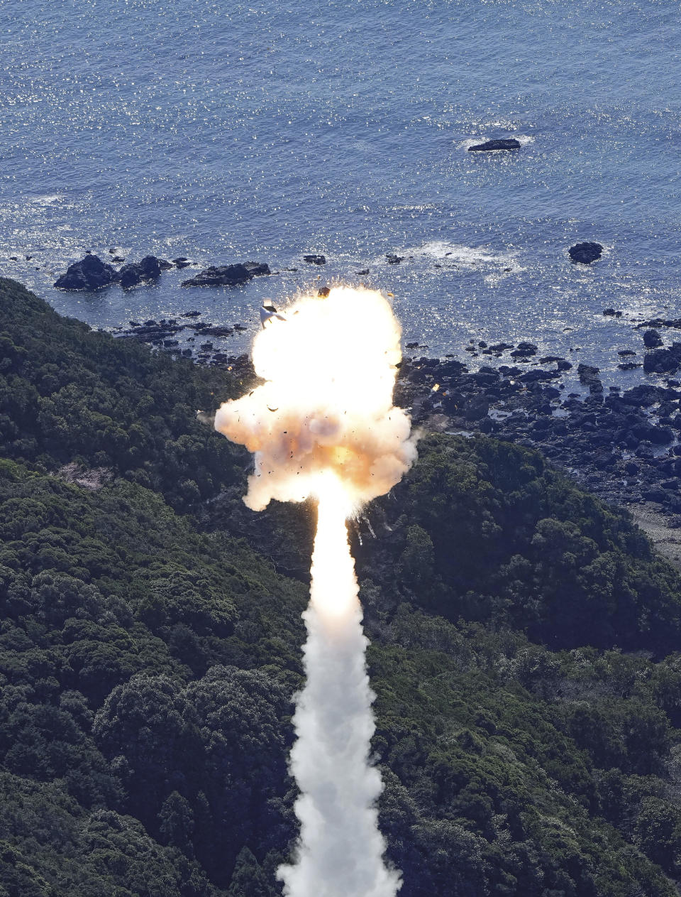 Space One's Kairos rocket explodes after liftoff from a launch pad in Kushimoto, Wakayama prefecture, western Japan, Wednesday, March 13, 2024. (Kyodo News via AP)