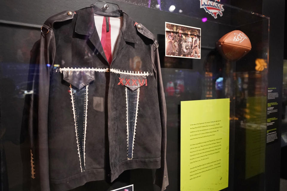 A jacket worn by U2's Bono is on display Thursday, April 29, 2021 at the Rock and Roll Hall of Fame in Cleveland. Bono wore this jacket during the band's performance at Super Bowl's XXXVI Half Time show on Feb. 2, 2002. Rock Hall's NFL Halftime Show Exhibit with 55 Years Of NFL Halftime Shows, runs from April to September. (AP Photo/Tony Dejak)