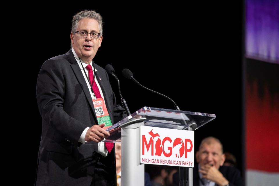 Attorney General candidate Matt DePerno speaks during the MIGOP State Nominating Convention at the Lansing Center in Lansing on Saturday, August 27, 2022.