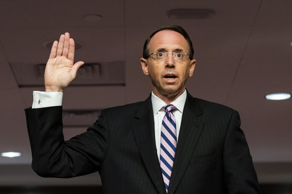 Former Deputy Attorney General Rod Rosenstein is sworn in before a Senate Judiciary Committee hearing on Capitol Hill in Washington, Wednesday, June 3, 2020. (Jim Lo Scalzo/Pool via AP)