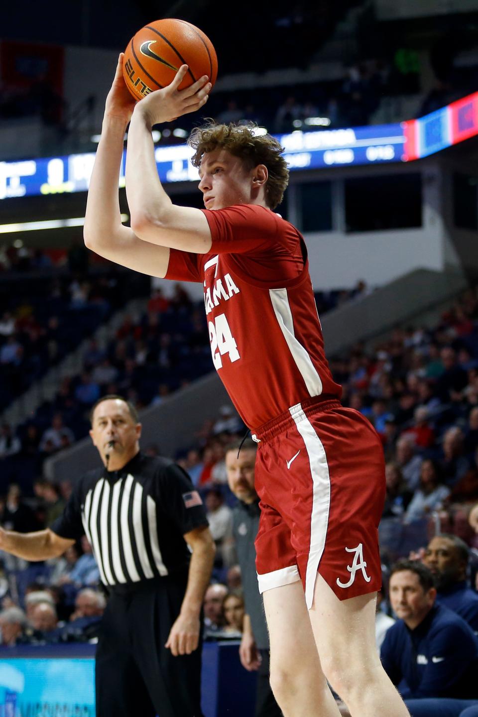 Feb 28, 2024; Oxford, Mississippi, USA; Alabama Crimson Tide forward Sam Walters (24) shoots for three during the first half against the Mississippi Rebels at The Sandy and John Black Pavilion at Ole Miss. Mandatory Credit: Petre Thomas-USA TODAY Sports