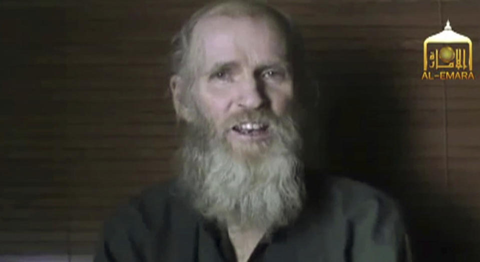 In the 2017 video released by the Taliban, Tim Weeks and Kevin King (pictured) say they were being treated well by the Taliban but that they remain prisoners and appeal to their governments to help set them free.Source: EL-EMARA Taliban via AP.