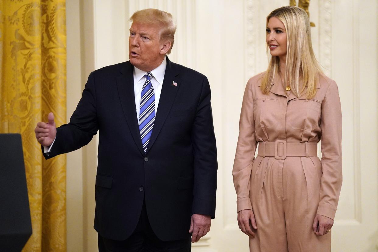 Then-President Donald Trump (left) speaks during an event about the Paycheck Protection Program used to support small businesses during the coronavirus outbreak, in the East Room of the White House in Washington, D.C. as Ivanka Trump listens on April 28, 2020.