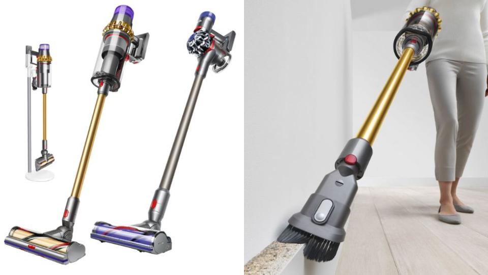 A montage of Dyson vacuums including four stick models, one held by a woman as she uses it on a dirty skirting board. She stands on floorboards in beige clothing and shoes.