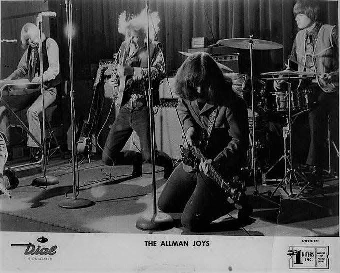 Photo of The Allman Joys playing live, used as a promo photo by their label, Dial Records. Gregg Allman is at far left, on keyboards, with Duane Allman in the middle. At right behind the drums is Tuscaloosan Bill Connell, who passed away March 31, and whose memoir "Allman Joy -- Keeping the Beat for Duane and Gregg" will come out in August.