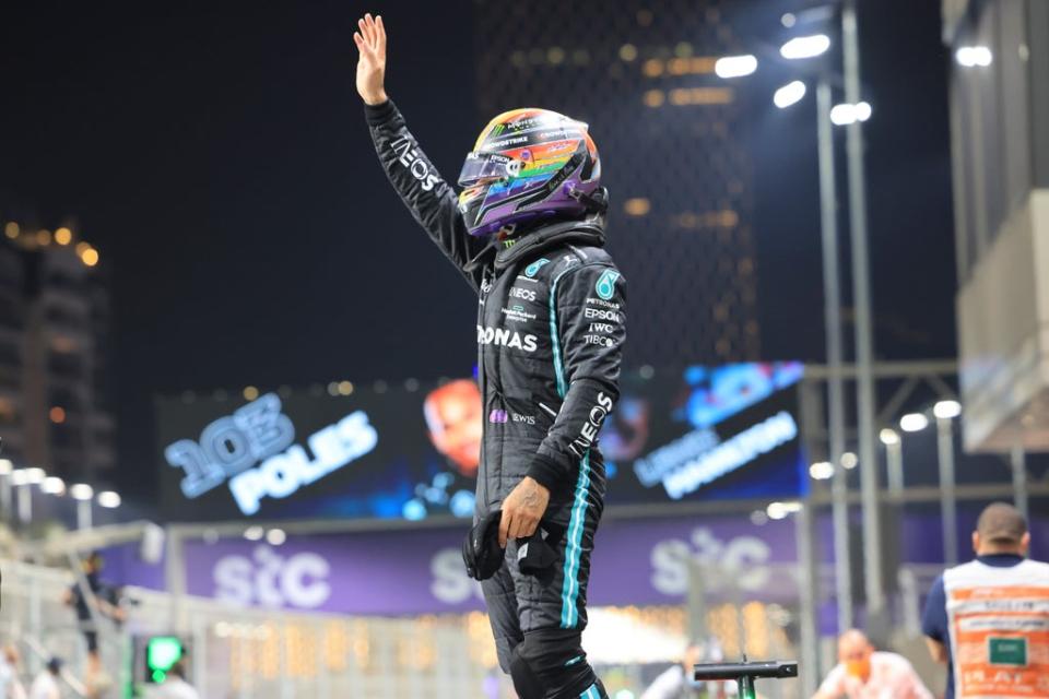 The British driver salutes the crowd at the Jeddah Corniche Circuit (AP)