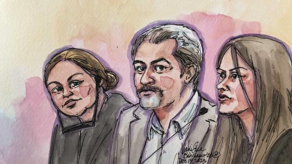 City Councilman Sean Loloee, center, is seated in a Sacramento federal court with Karla Montoya, left, and his attorney, Sherry Haus, in a court artist’s sketch from his hearing Friday, Dec. 15, 2023. A federal grand jury indicted Loloee with 25 counts of fraud, obstruction and other charges stemming from his business, Viva Supermarkets. Both Loloee and Montoya pleaded not guilty and were released in orders to stay separated.
